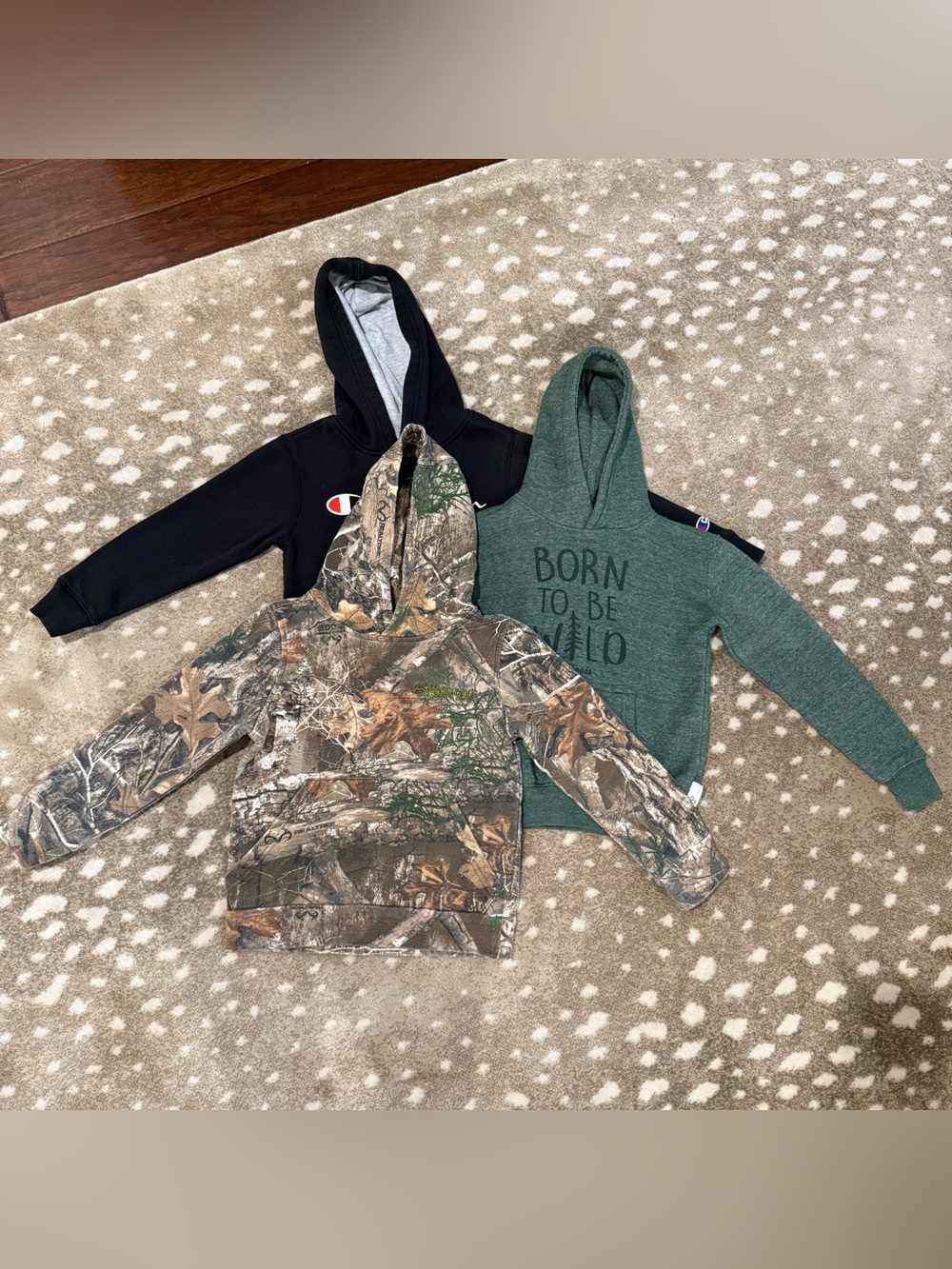 Bundle (3) Kids Hoodies- Champion Black, Magellan Camofauge & Green Lago. Size 5